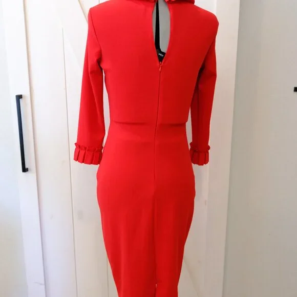 City Goddess - Lulu's - Red pleated neck slim fitting midi dress - Picture 4 of 6